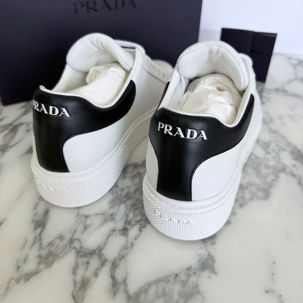 Prada Women White Leather Low Top Sneakers Black Heel Tab 1E621M Size US 9.5